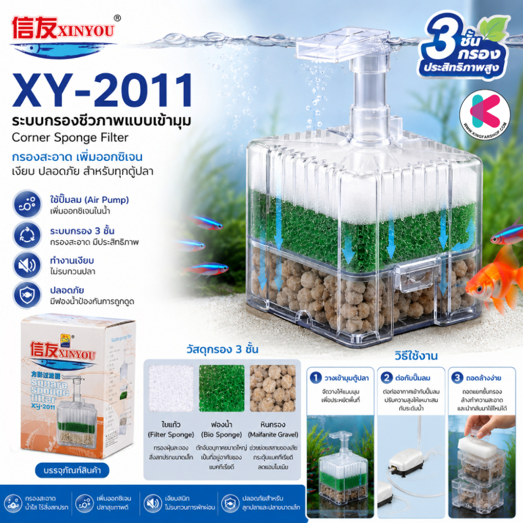 Xinyou XY-2011 Square Sponge Filter กรองตู้ปลาแบบมุม ต่อปั้มอ๊อกซิเจน กรอง3ชั้น