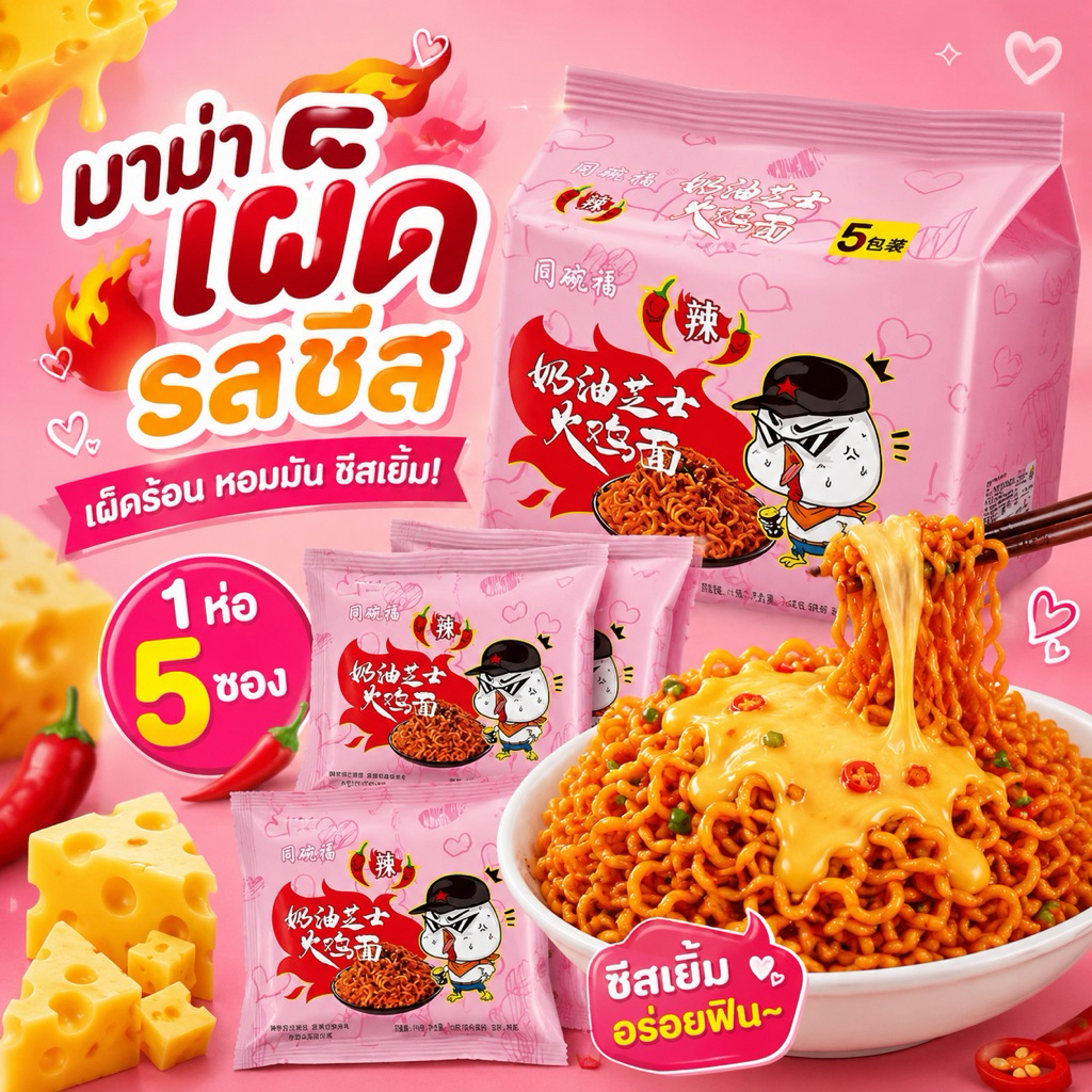 มาม่าไก่เผ็ดชีส ห่อชมพู(1ห่อ5ซอง)