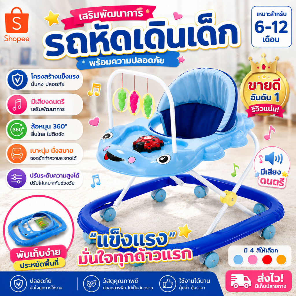 🔥ถูกสุด ส่งไวพิเศษ🔥 รถหัดเดินเด็กมีเสียงดนตรี รถหัดเดิน รถหัดเดินเด็ก รุ่นใหม่ล่าสุด แข็งแรงยิ่งขึ้น