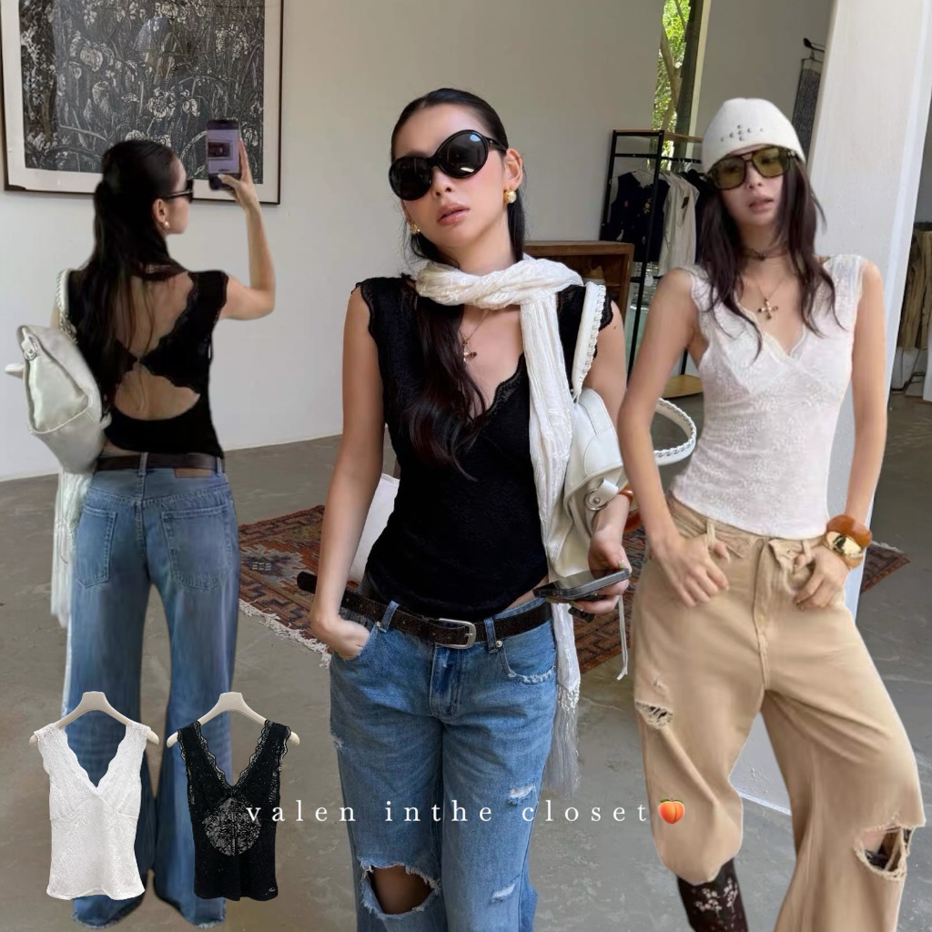 ส่งด่วน 🛵 26T275 𝗘𝗟𝗜𝗦𝗘 𝗟𝗔𝗖𝗘 𝗧𝗢𝗣 เสื้อลูกไม้คอวีที่ผสมความคลาสสิกและเซ็กซี่เบาๆ MMFISH