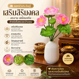ช่อดอกบัวปลอม ดอกบัวประดิษฐ์ 3 ดอก พร้อมใบและฝักบัว เกรดพรีเมียม สูง 32 ซม. สำหรับไหว้พระ ตกแต่งบ้าน