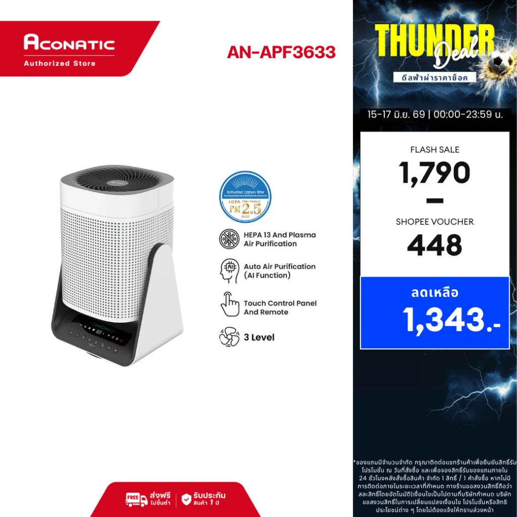 ใหม่ Aconatic เครื่องฟอกอากาศ Air Purifier รุ่น AN-APF3633 ฟิลเตอร์ HEPA 13 CADR 160m³/h Child Lock