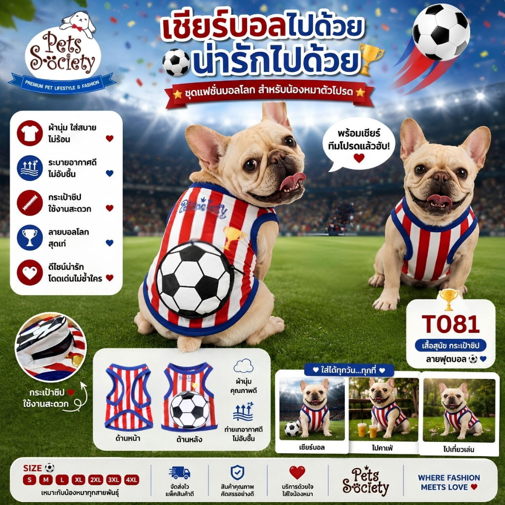 PetSociety เสื้อสุนัข-แมว Dog clothes Cat Clothes เสื้อกล้ามกระเป๋าหลัง - ฟุตบอล Tanktop with pocket - Football