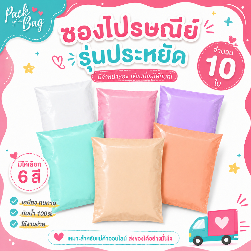 ซองไปรณีย์สีพาสเทล ถุงไปรษณีย์พาสติก ซองไปรษณีย์พาสเทล ซองไปรษณีย์พลาสติก รุ่นไม่จ่าหน้า 10 ใบ