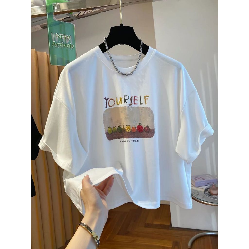 เสื้อครอปสาวอวบน่ารัก oversize เสื้อผ้าคนอ้วนไซส์ใหญ่ เสื้อยืดลายการ์ตูนแขนสั้นแบบหลวมผู้หญิงแฟชั่นมาใหม่สวย ลำลองเกาหลี