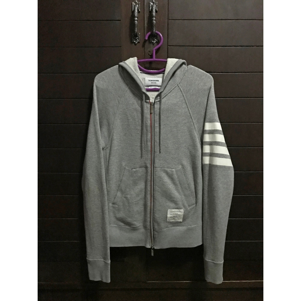 Thom Browne Raglan Cotton Full Zip 4 Bar Long Sleeve Grey Hoodie 1 MJT017AK5140