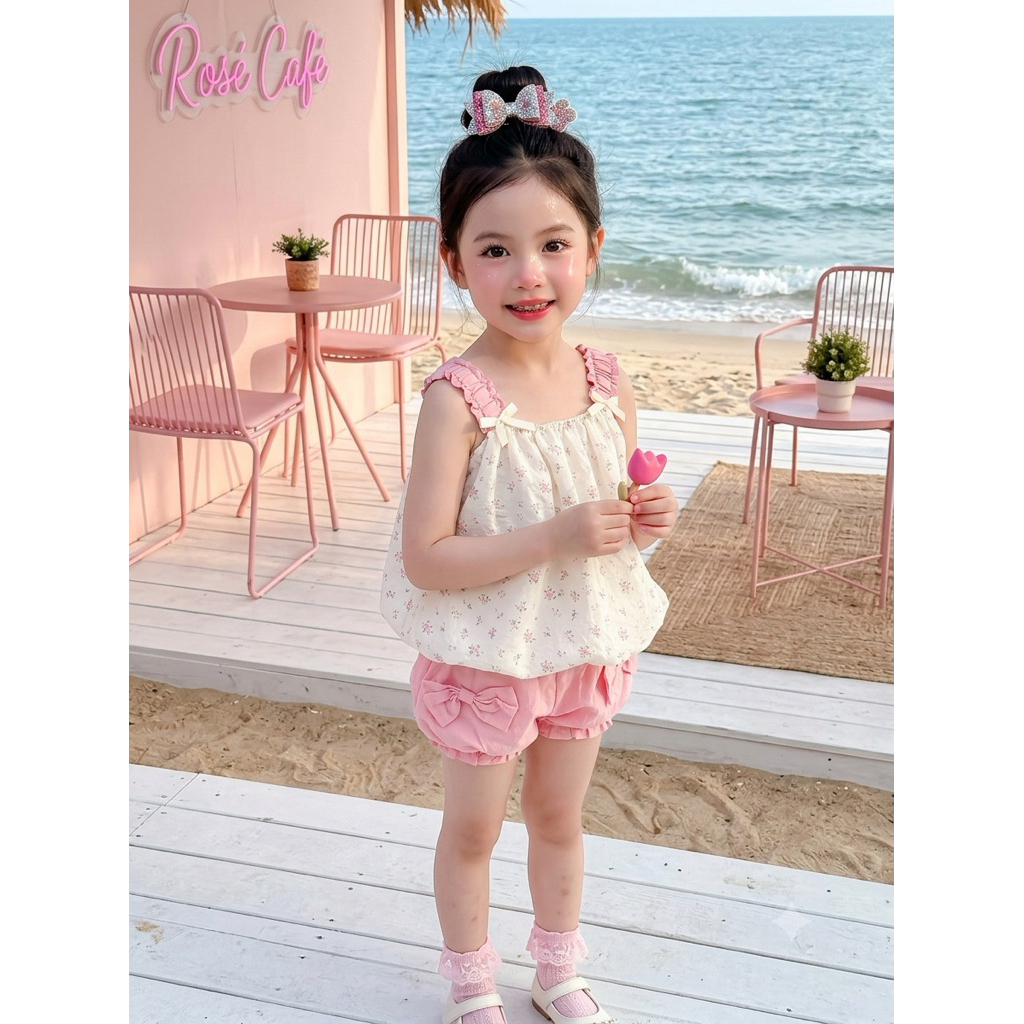 ชุดเซ็ทสายเดี่ยวชมพูกางเกงติดโบว์พองๆ💗