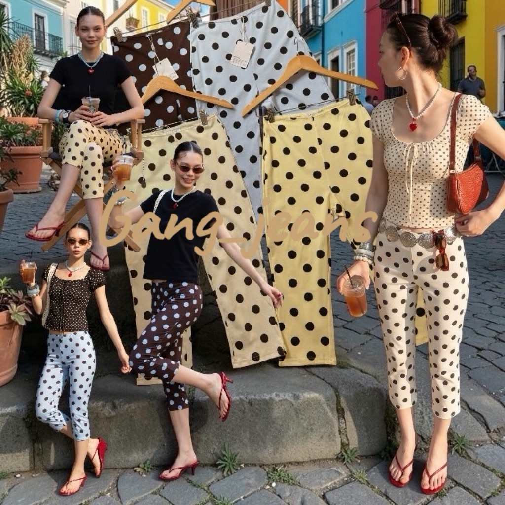 Gang_jeans(Mo)กางเกงขายาว 5 ส่วน ลายจุด Polka Dot สไตล์มินิมอล ผ้ายืดใส่สบาย เอวสูง ทรงเข้ารูป