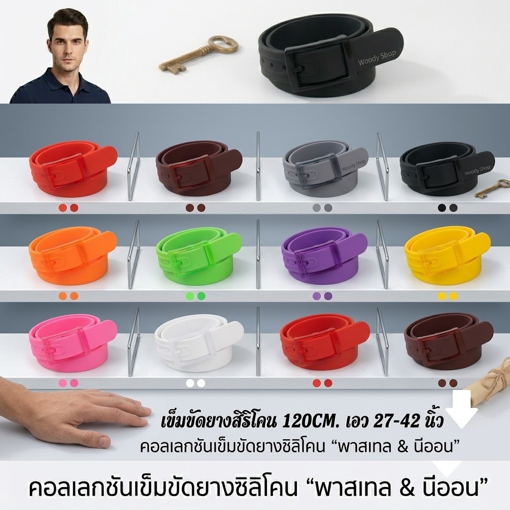 เข็มขัดยาง 🔹หัวพลาสติก สีสันแฟชั่น🔺RUBBER BELT🔺 มีสีให้เลือกเยอะยาว120CM เอว 27- 48🔹ส่งไวจากไทย ✅
