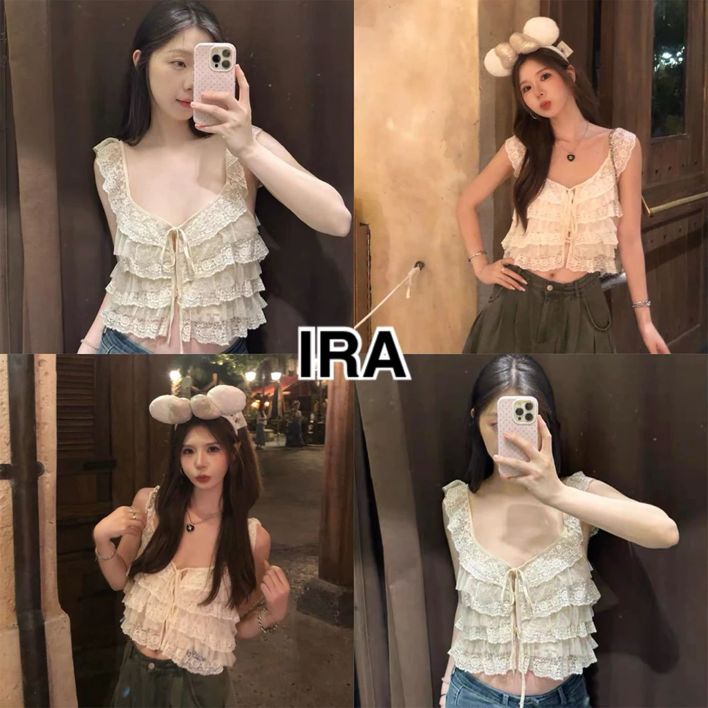 BY IRA (2026-134) Krystal Top เสื้อลูกไม้จับจีบคอลึกเซ็กซี่ เสื้อเชิ้ตผู้หญิง hottrend สําหรับออกนอกบ้านในฤดูร้อนมีระ