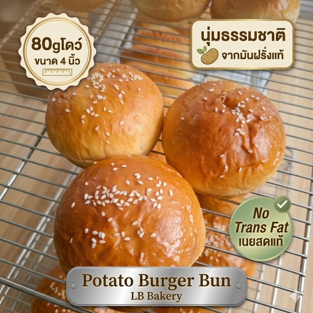 [Premium] Potato Burger Bun ขนมปังเบอร์เกอร์ 3ชิ้น (No Trans Fat) สำหรับร้านคราฟต์เบอร์เกอร์และคาเฟ่ ขนาด 4 นิ้ว