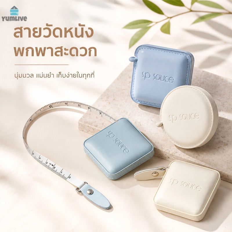 ตลับเมตรหุ้มหนัง PU อัตโนมัติ ยาว1.5เมตร มี2รูปทรงกลม/สี่เหลี่ยม 2สีครีม/ฟ้า กดปุ่มม้วนกลับเอง วัดรอบตัว ผ้าเย็บผ้า