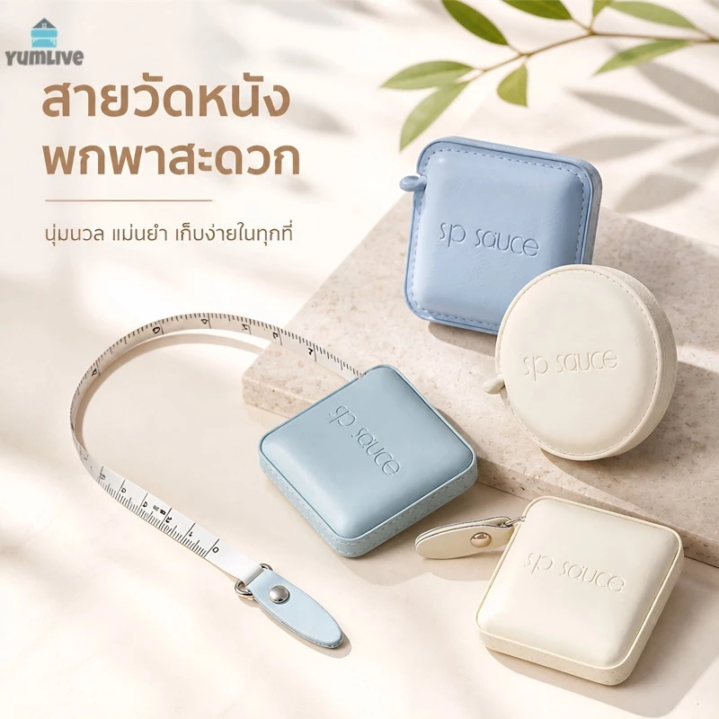 ตลับเมตรหุ้มหนัง PU อัตโนมัติ ยาว1.5เมตร มี2รูปทรงกลม/สี่เหลี่ยม 2สีครีม/ฟ้า กดปุ่มม้วนกลับเอง วัดรอบตัว ผ้าเย็บผ้า