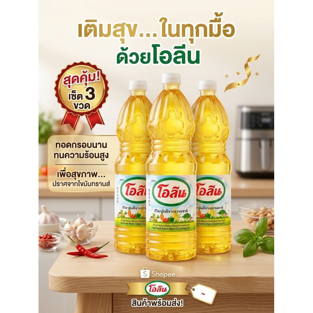 ​[เซต 3 ขวด] น้ำมันปาล์มโอลีน 1 ลิตร - น้ำมันสำหรับทอดและผัด ทอดกรอบนาน ทนความร้อนสูง ขายดีอันดับ 1