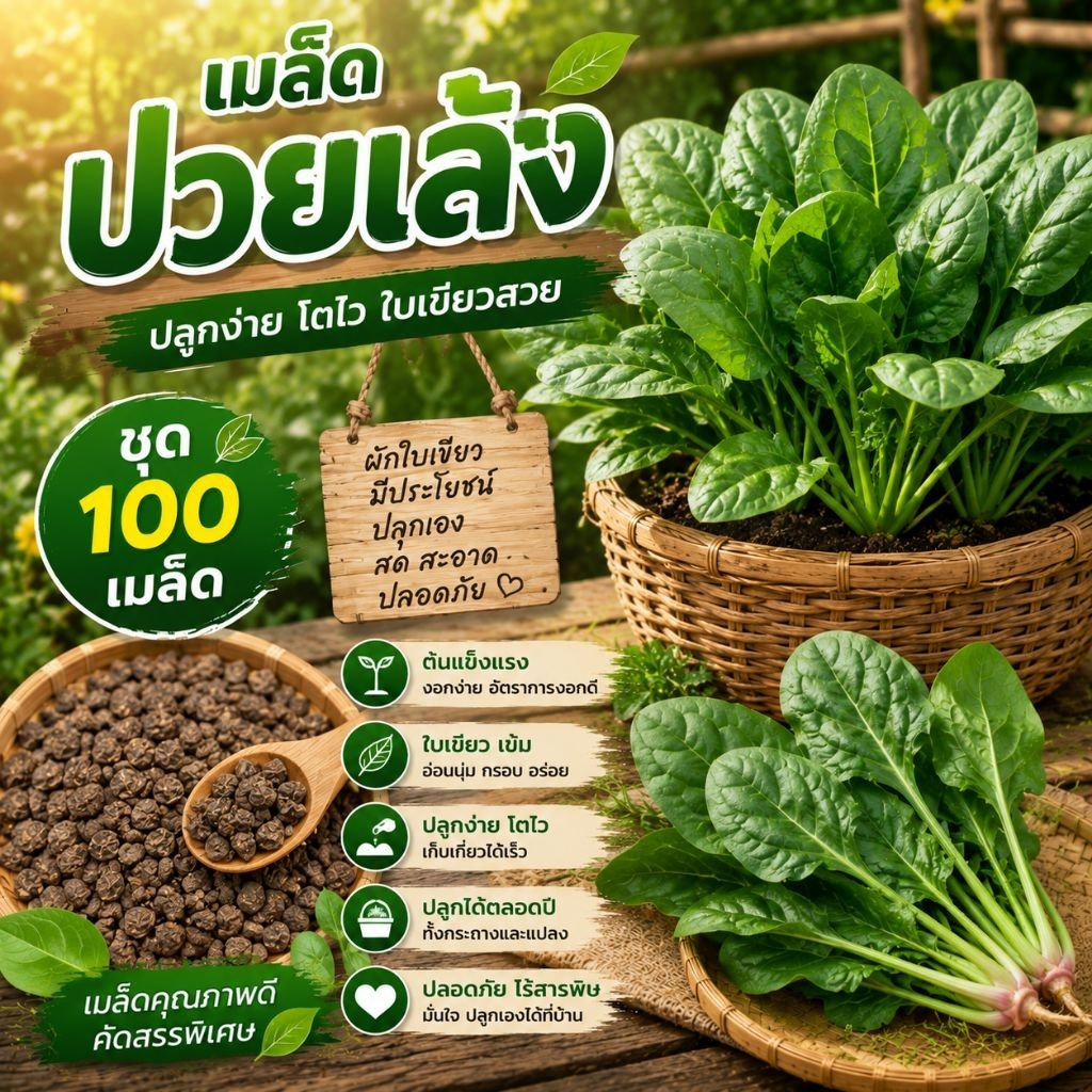 เมล็ดปวยเล้ง 100 เมล็ด ผักสวนครัว มีบริการเก็บเงินปลายทาง