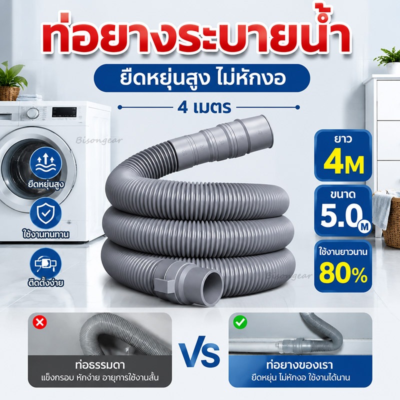 ท่อน้ำทิ้งเครื่องซักผ้า 1.5-4 เมตร คุณภาพสูง ติดตั้งง่าย