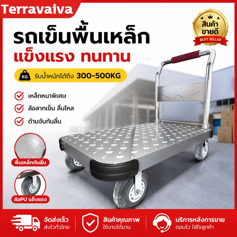 【รับประกัน30ปี】Terravaiva รถเข็นพื้นเหล็ก รถเข็นพับได้ หนาพิเศษ รับน้ำหนัก 300-500KG ล้อ PU ลื่นไหล แข็งแรง ทนทาน