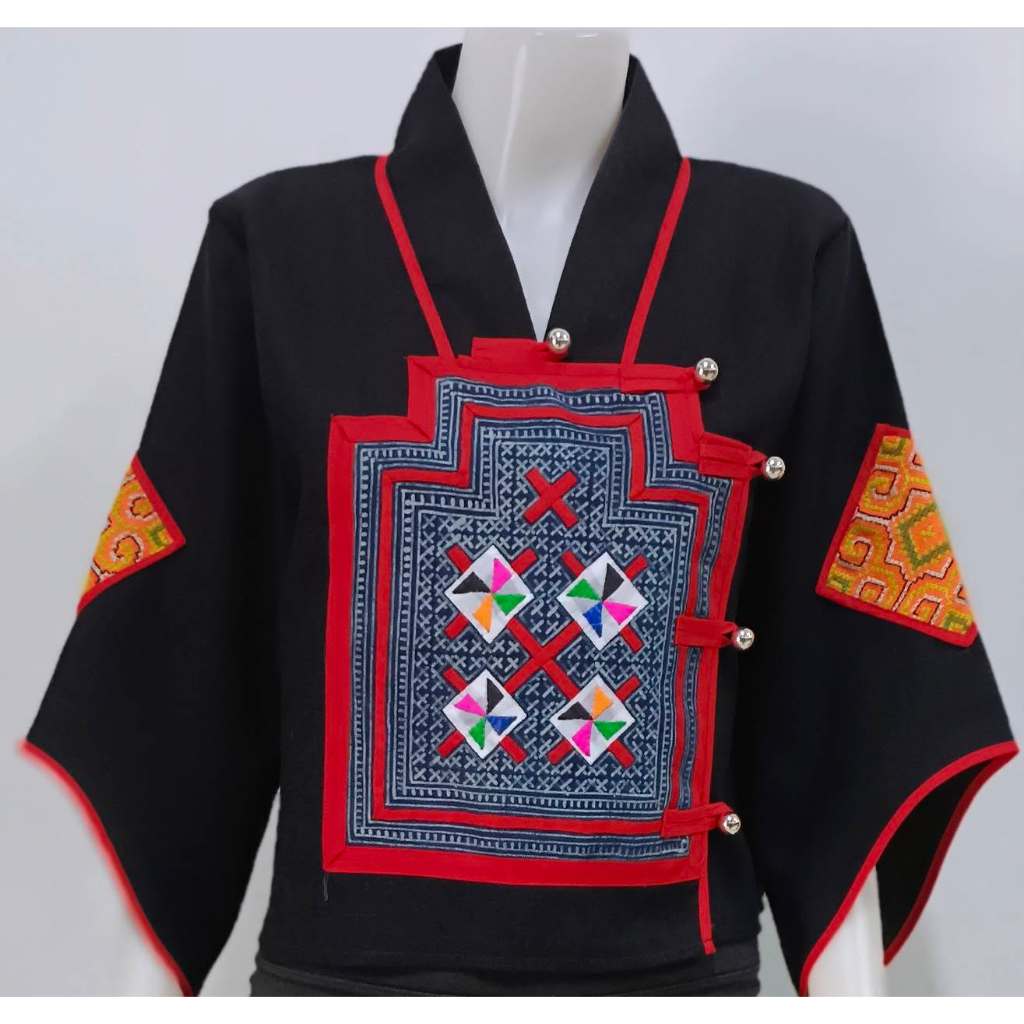 เสื้อผ้าใยกัญชง คอวี แขนกิโมโน สีดำ แต่งผ้าอุ้มเด็ก (Size 42,44)