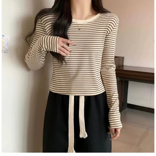 Beryl เสื้อยืดแขนยาวลายทางสำหรับผู้หญิง ดีไซน์เรียบง่าย สไตล์ลำลอง เสื้อคอกลมย้อนยุค ผสานสีสันตัดสี สไตล์เกาหลี จับคู่ได