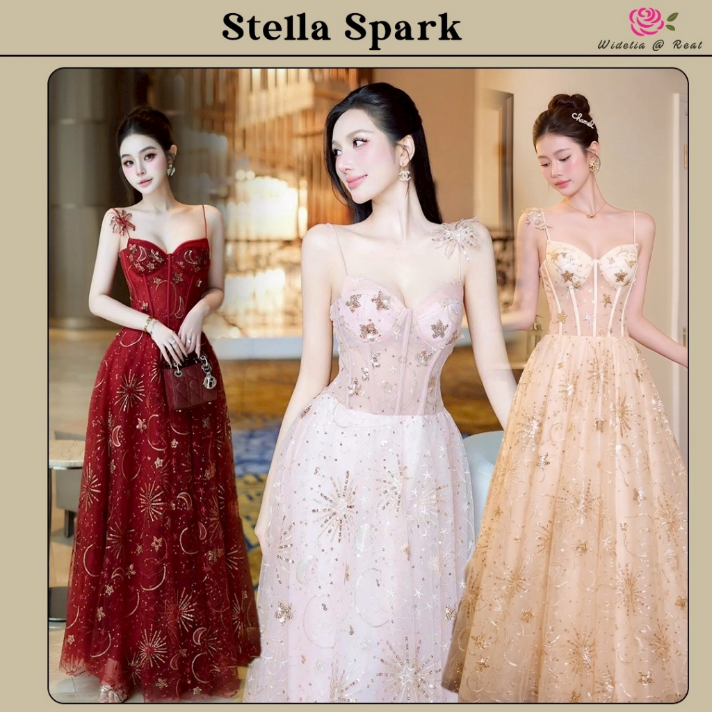 Stella Spark Dress 3 สี สีแดง/สีชมพู/สีครีม เดรสตัวยาวสายเดี่ยว งานผ้าตาข่ายปักเลื่อม ทรงเข้ารูปอกทรงเต้า กระโปรงทรงบาน