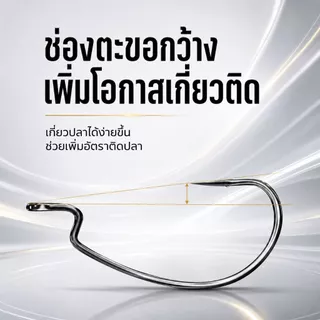 เบ็ดเท็กซัส Wide Gap เบ็ดเกี่ยวปลายาง เบ็ดหนอนยางท้องกว้าง Offset Hook คมแข็ง มีเงี่ยง เบอร์ 8#-5/0 แพ็ค 5/10/20 ตัว