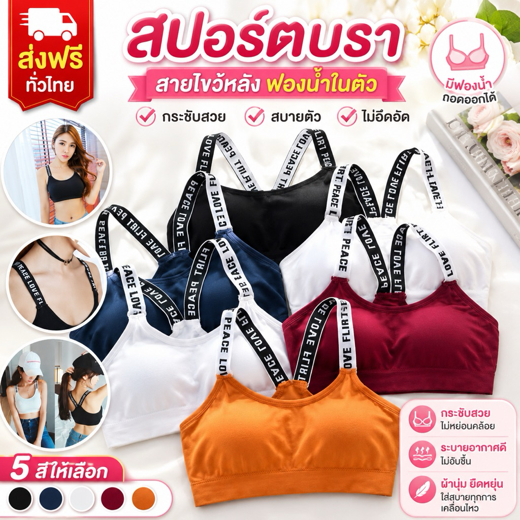 PrettyLady Shop（5043）สปอร์ตบรา สายลายตัวอักษร งานปัก ใส่ออกกำลังกายมีฟองน้ำ ผ้าดีมาก สายไขว้หลัง