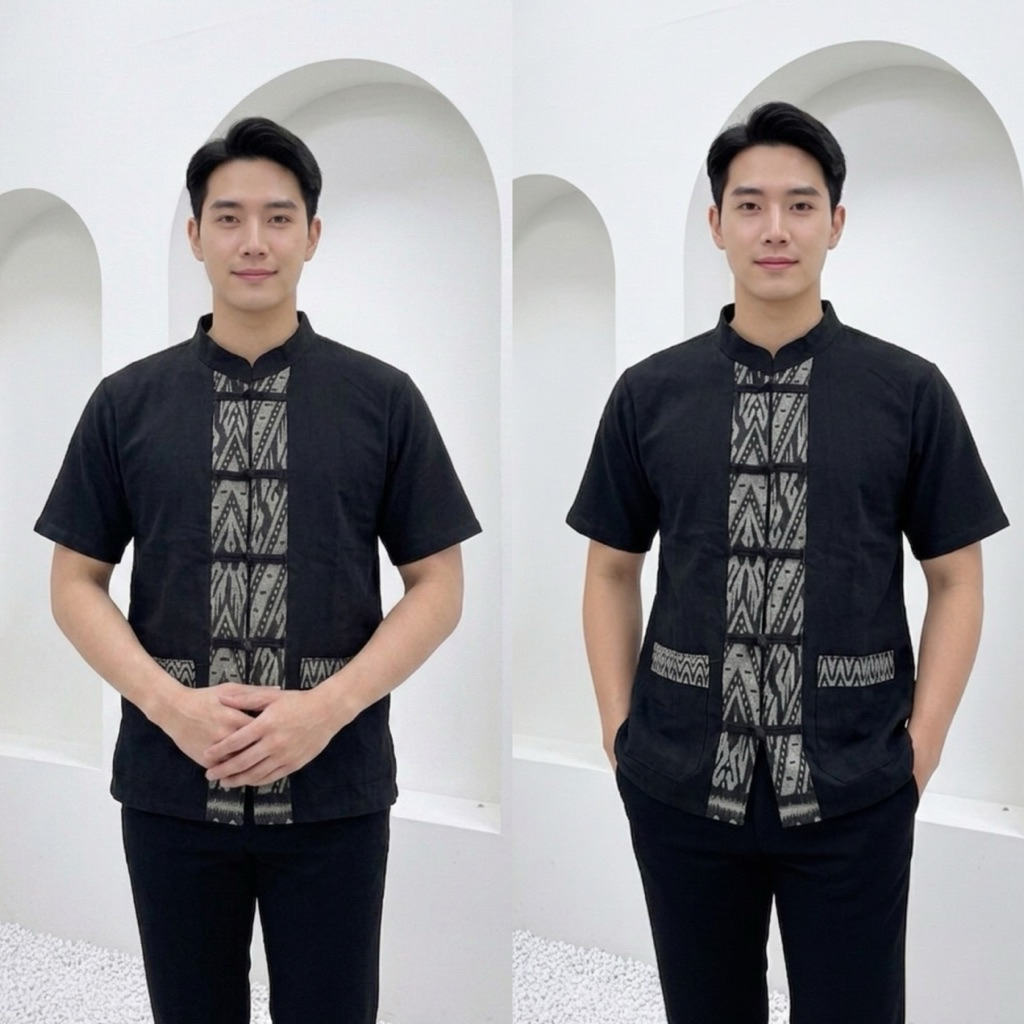 เสื้อผ้าฝ้ายสีดำ เสื้อพื้นเมือง คอจีน ผู้ชาย แต่งลายไทย กระดุมจีน ผ้านุ่ม ใส่สบาย ไม่ร้อน