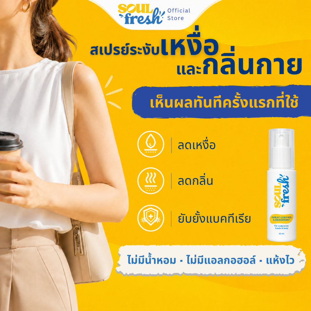 SoulFresh สเปรย์ระงับเหงื่อและกลิ่นกาย ใต้วงแขน มือ และส่วนอื่นๆ Sweat Control & Deodorant