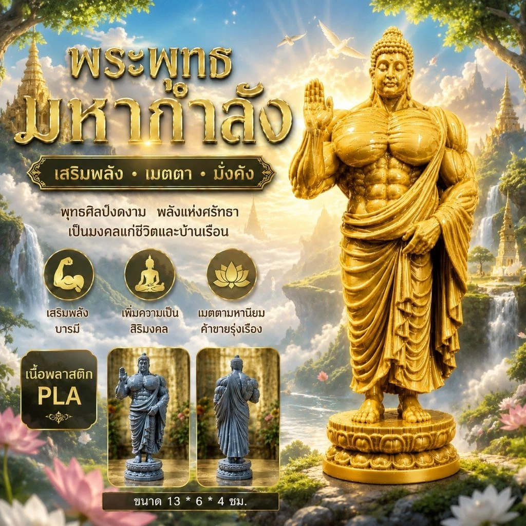 พระพุทธมหากำลัง งานพิมพ์ 3D ปริ้น สูง 13 ซม.รวมฐาน เหมาะสำหรับตั้งโต๊ะ ห้องพระ ห้องนั่งเล่น หรือมอบเป็นของขวัญมงคล