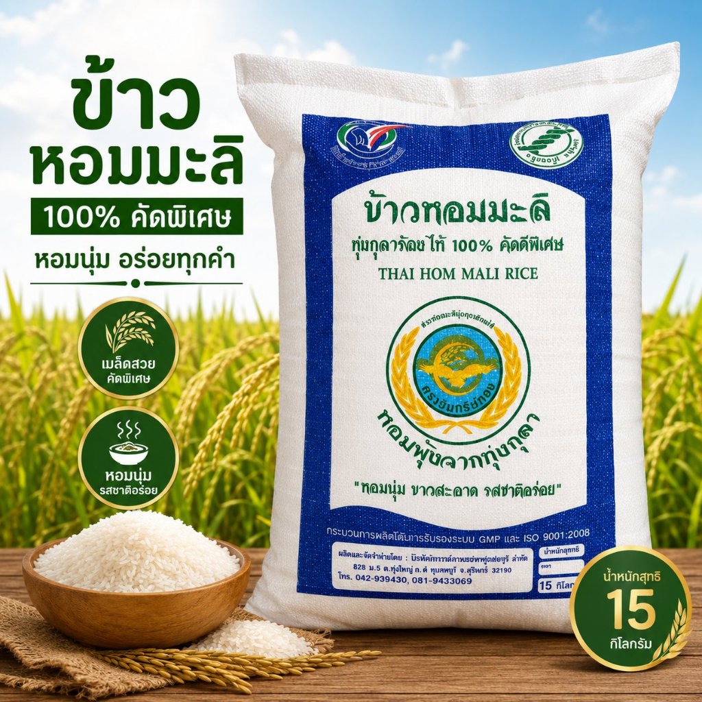 ข้าวหอมมะลิทุ่งกุลาร้องไห้ 100% ปี 68/69 ตราอินทรีย์ทอง (15 กิโลกรัม)