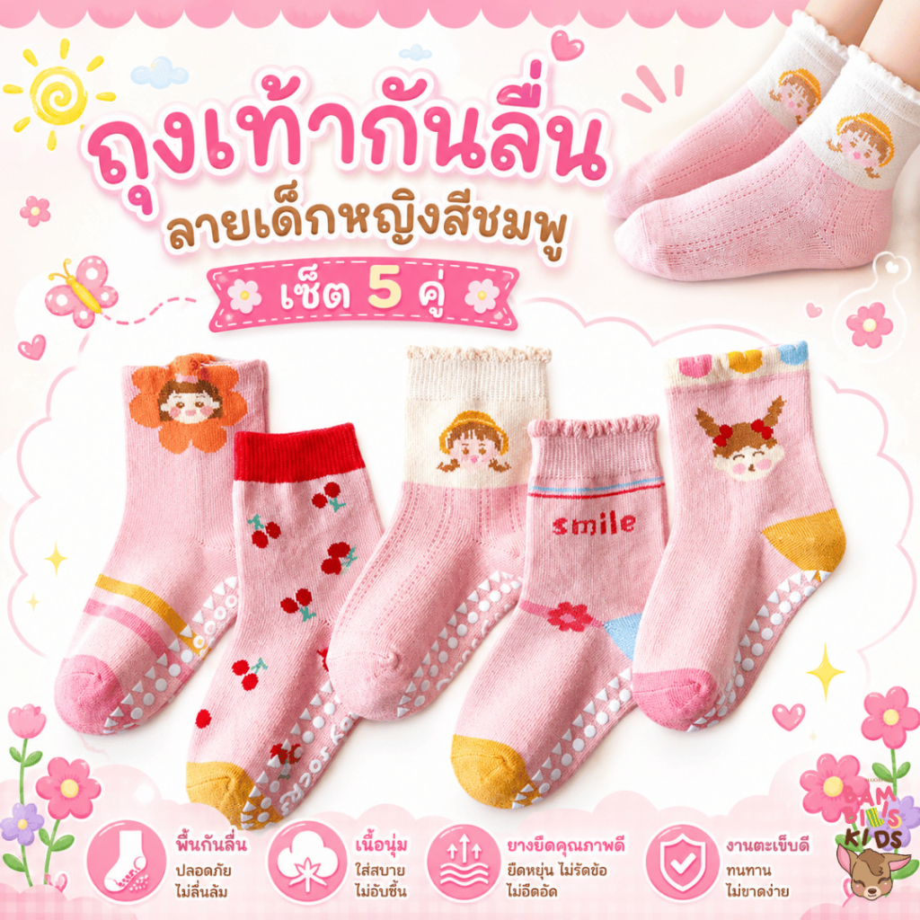 Bambilis : ⚡พร้อมส่ง⚡ ถุงเท้าเด็ก ถุงเท้าเด็กกันลื่น  1 แพคมี 5 คู่ ลายเด็กผู้หญิงสีชมพู