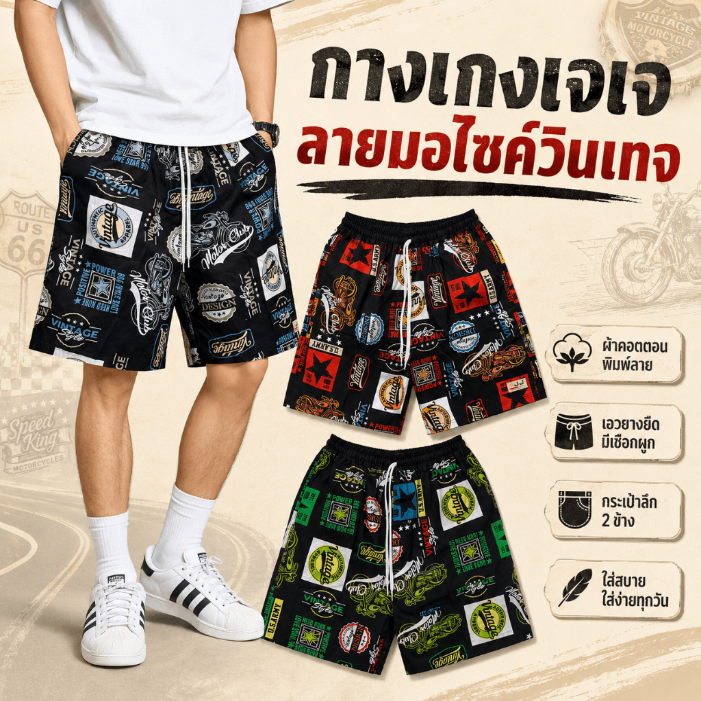 กางเกงเจเจไซส์ M/L/XL ลาย"มอไซค์วินเทจ" ร้านคละสีให้ ผ้านิ่มหนาใส่สบายทั้งผู้ชายผู้หญิง เชือกรูดได้จริงมีกระเป๋า 2ข้าง