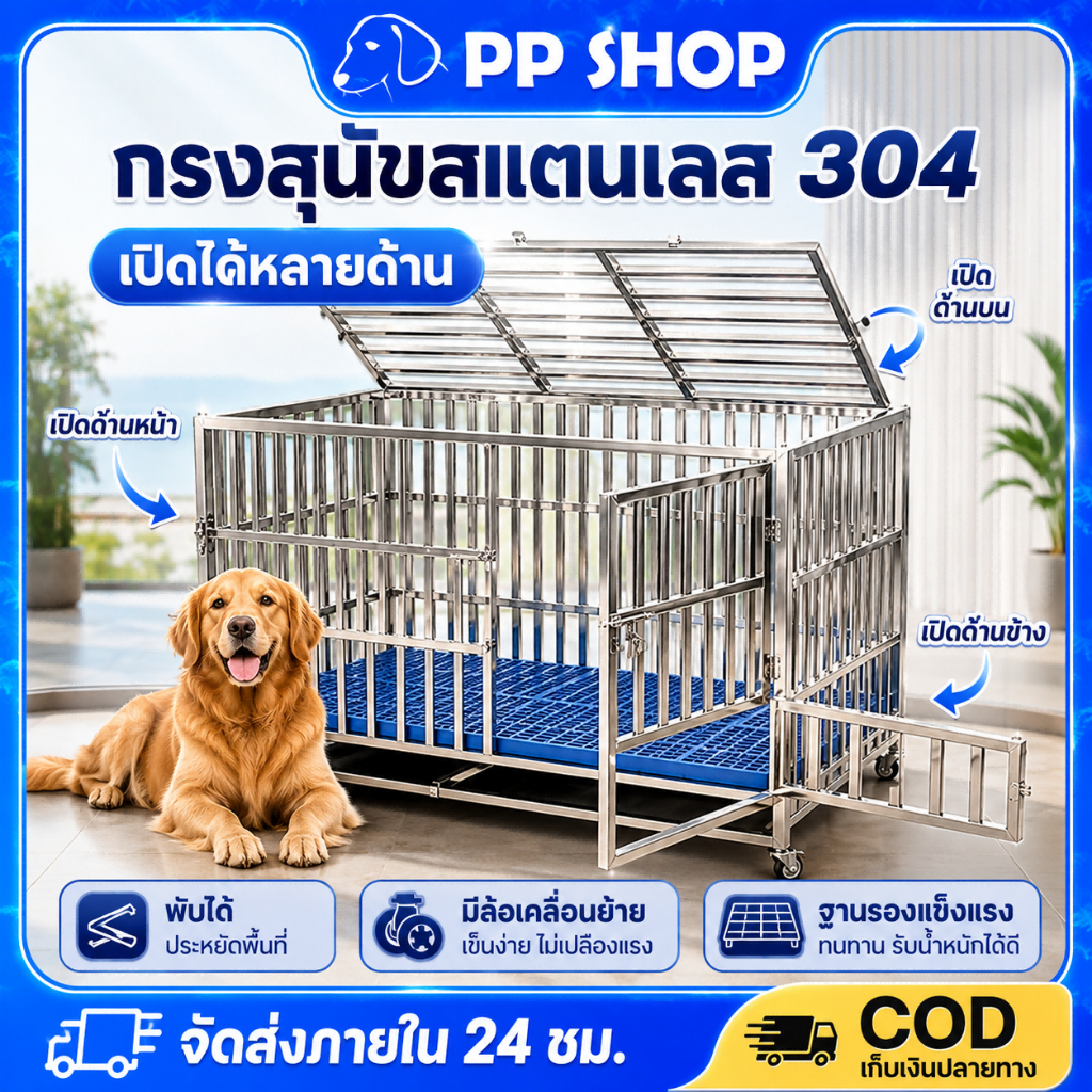 กรงสุนัขสแตนเลส 304 กรงสุนัขใหญ่ กรงหมา กรงสัตว์เลี้ยง แข็งแรง กรงเหล็กถอดได้ ทนทาน มี3ขนาดให้เลือก