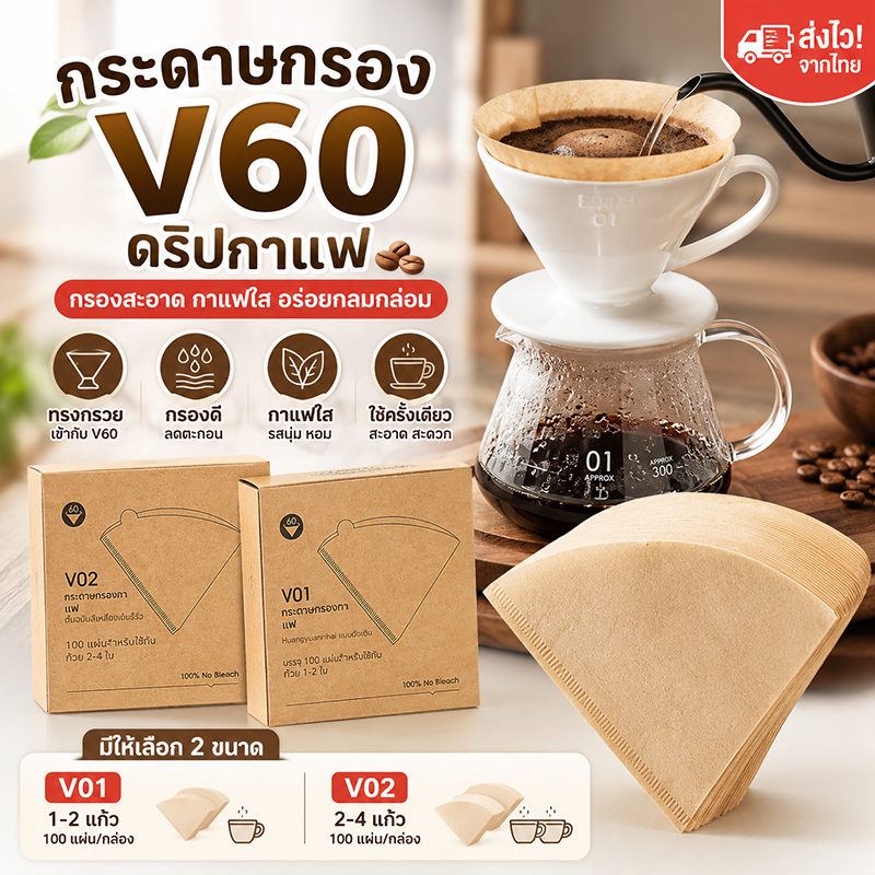 กระดาษกรองกาแฟ V60 ทรงกรวย สำหรับกาแฟดริป ใช้กับดริปเปอร์ V60 Coffee Filter กระดาษกรองคุณภาพสูง