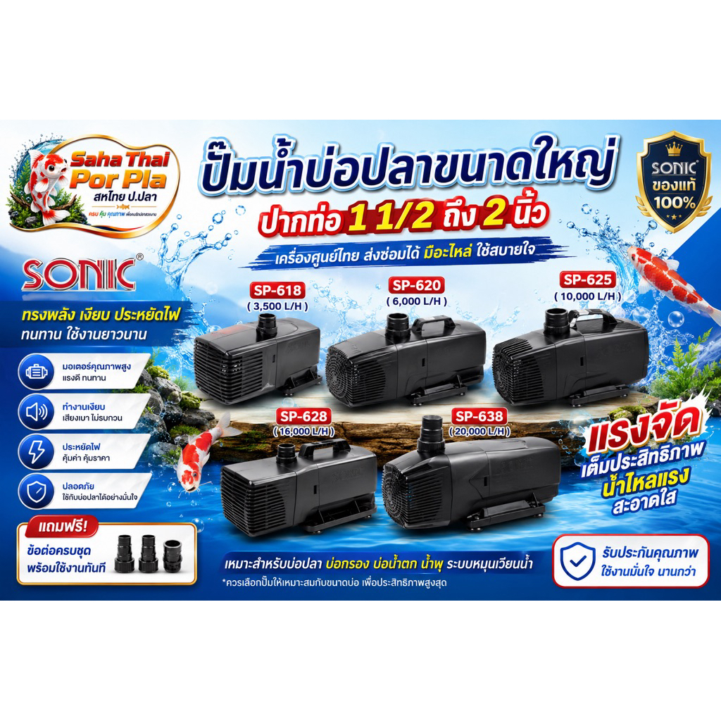 ปั๊มน้ำรุ่นใหญ่สำหรับบ่อปลา ปั๊มน้ำตก น้ำพุ มีศูนย์ในไทย SONIC SP618/SP-620/SP-625/SP-628/SP-638/SP639