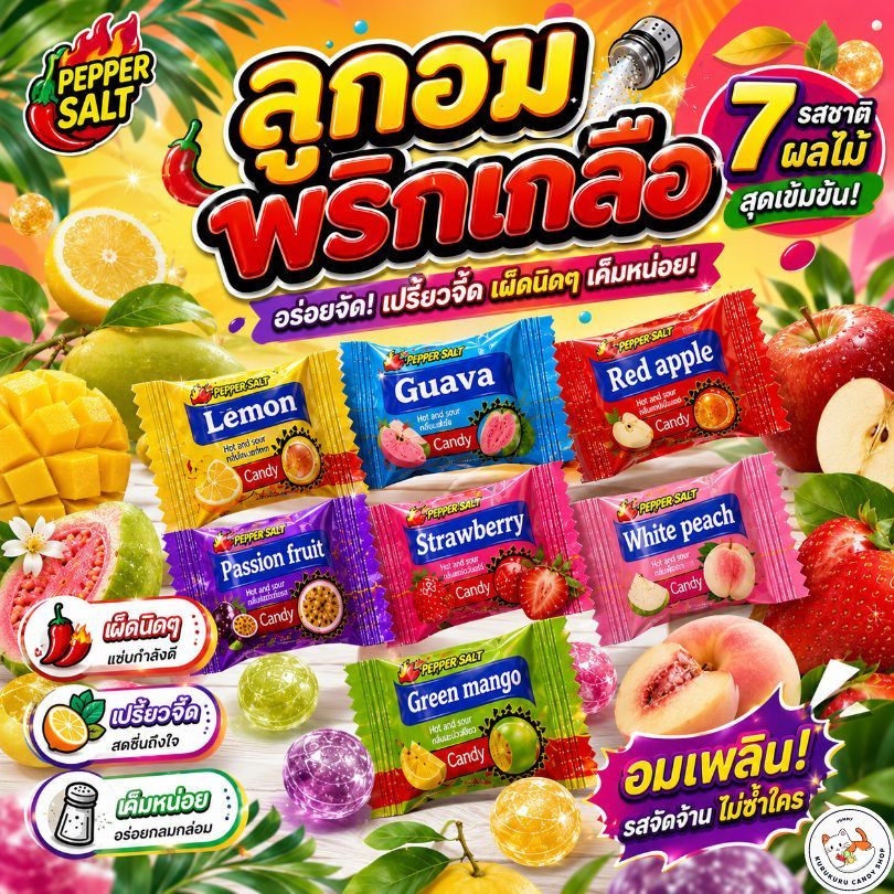 ใหม่!! ผลไม้พริกเกลือ ลูกอมพริกเกลือ 50-100 ชิ้น เผ็ดซาบซ่าน ด้านในสอดไส้พริก รสชาติลงตัว ลองเลย