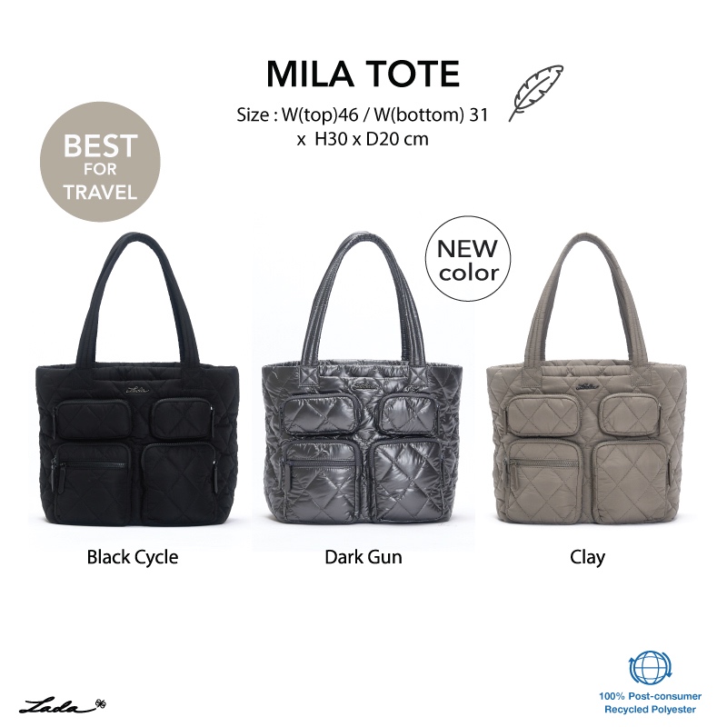 NEW Lada กระเป๋าโท้ท รุ่น Mila Tote Cycle Series ใบใหญ่ ช่องเยอะ ใส่ Laptop สวมกระเป๋าล้อลากได้ ผ้า Recycle นุ่มอยู่ทรง