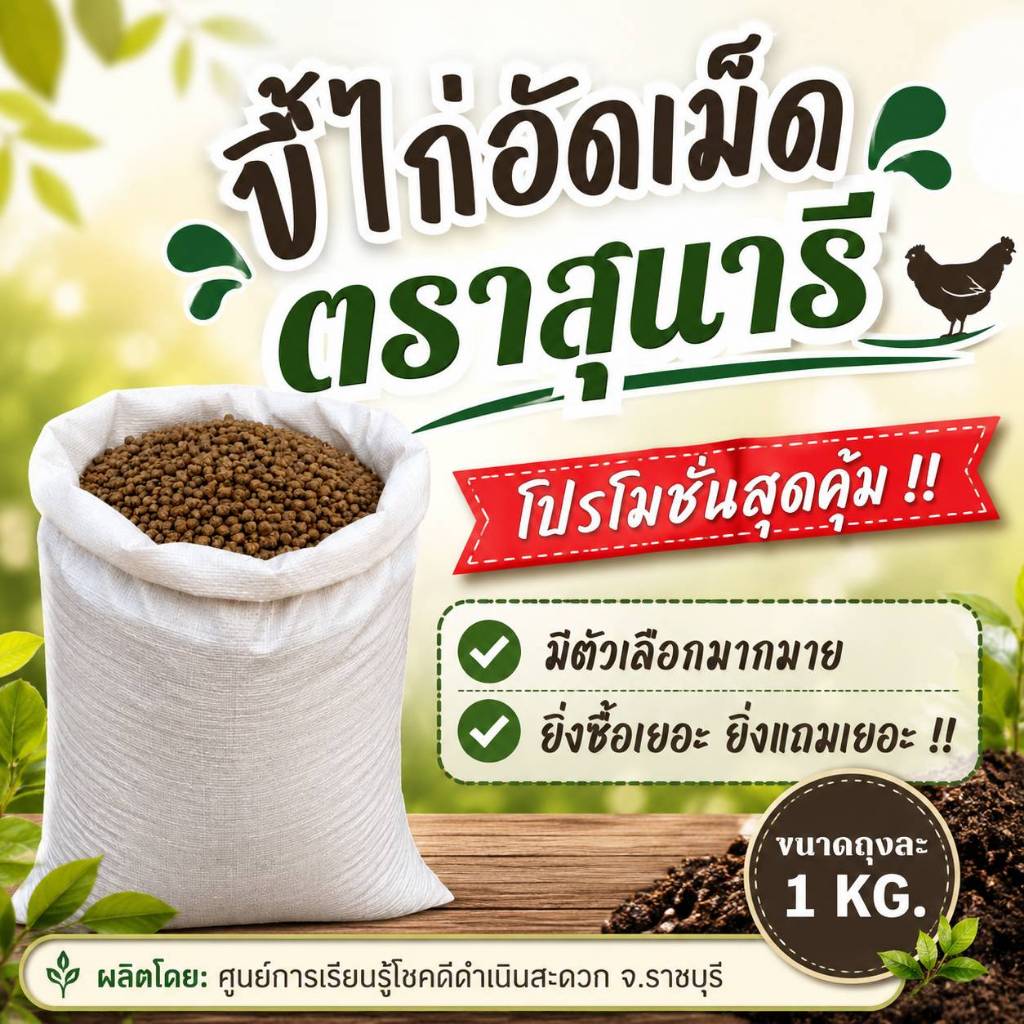 โปรโมชั่นซื้อ 3 กก.ขึ้นไป แถมเพิ่มขึ้น ขี้ไก่อัดเม็ด ตราสุนารี ขนาดถุงละ  1 กก.