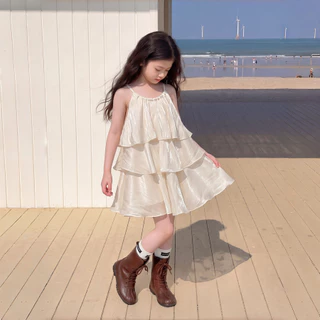 PRINCESS KESLI ชุดเดรสแขนกุด คอกลม แต่งระบาย แต่งระบาย หลายชั้น สีเบจ สไตล์เจ้าหญิง สําหรับเด็กผู้หญิง 2-9 ปี
