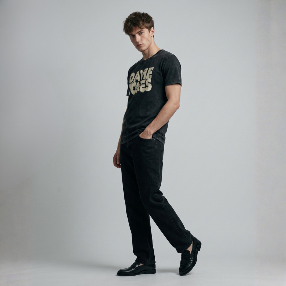 DAVIE JONES تيشيرت رجالي Slim Fit بالشعار — أسود مغسول — صورة 5