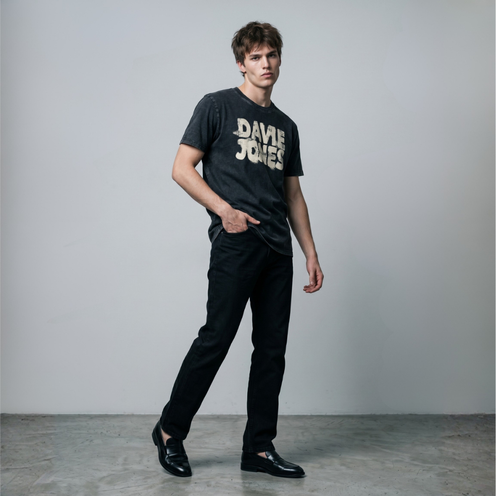 DAVIE JONES تيشيرت رجالي Slim Fit بالشعار — أسود مغسول — صورة 6