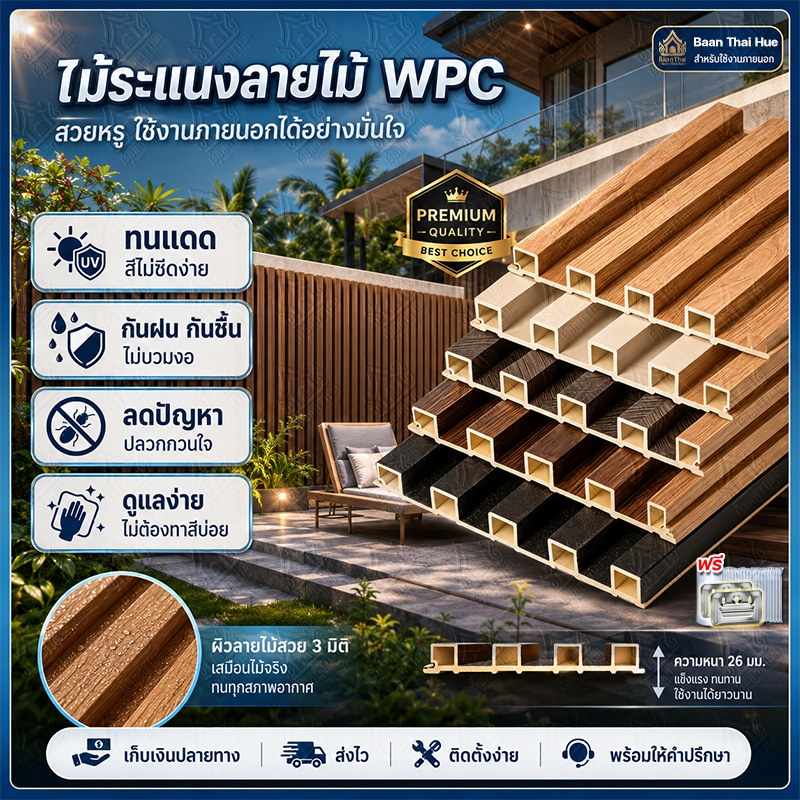 Baan Thai ระแนงไม้เทียม WPC 1/2/3m ไม้ระแนงเทียม สำหรับร้านค้า บ้านพัก ตกแต่งผนังรั้ว ติดตั้งง่าย ส่งฟรีถึงหน้าบ้าน