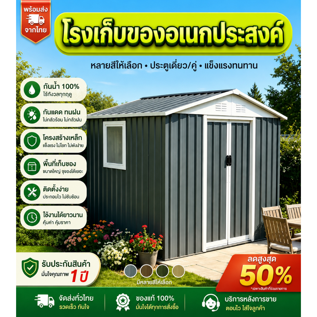 บ้านเก็บของ บ้านเก็บของกลางแจ้ง 195*121*185 with Skylight, Window, Built-in Ventilation กันแดด กลางแจ้ง