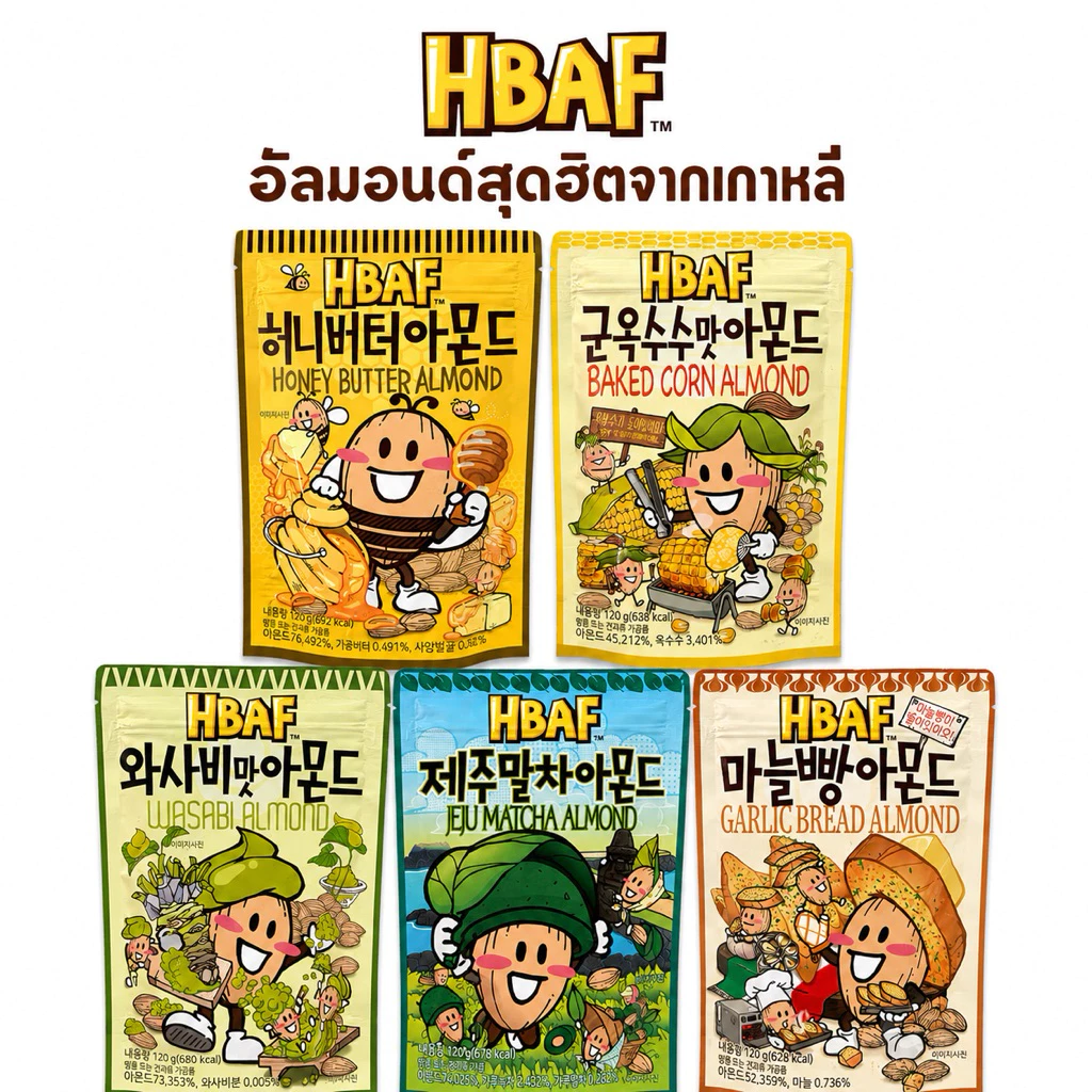 HBAF Almond อัลมอนด์เกาหลี 120g | Honey Butter / Baked Corn / Wasabi / Jeju Matcha / Garlic Bread | นำเข้าจากเกาหลี