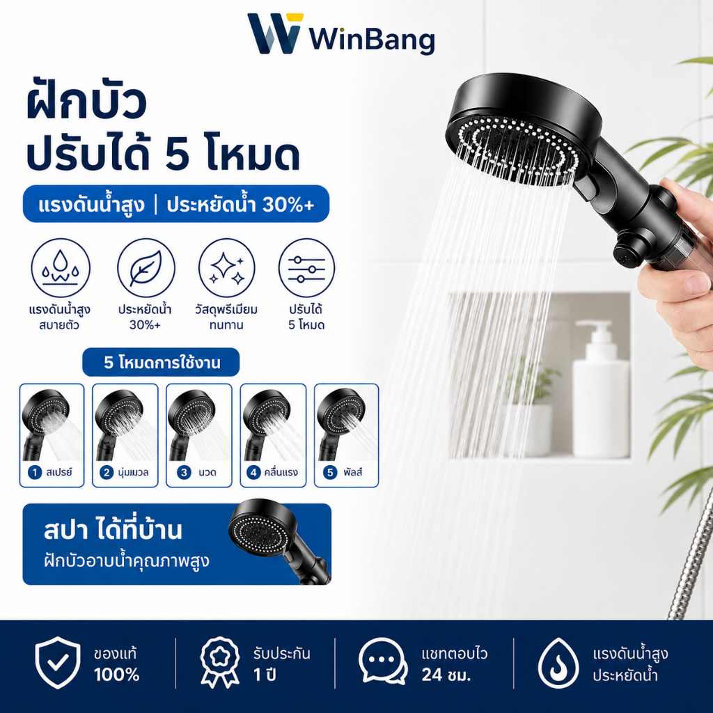 WinBang ฝักบัวแรงดันสูง ชุดฝักบัวอาบน้ำกรองน้ำ ปรับได้ 5 โหมด พร้อมไส้กรองสำรอง+สายยาง1.5m+วงเล็บ