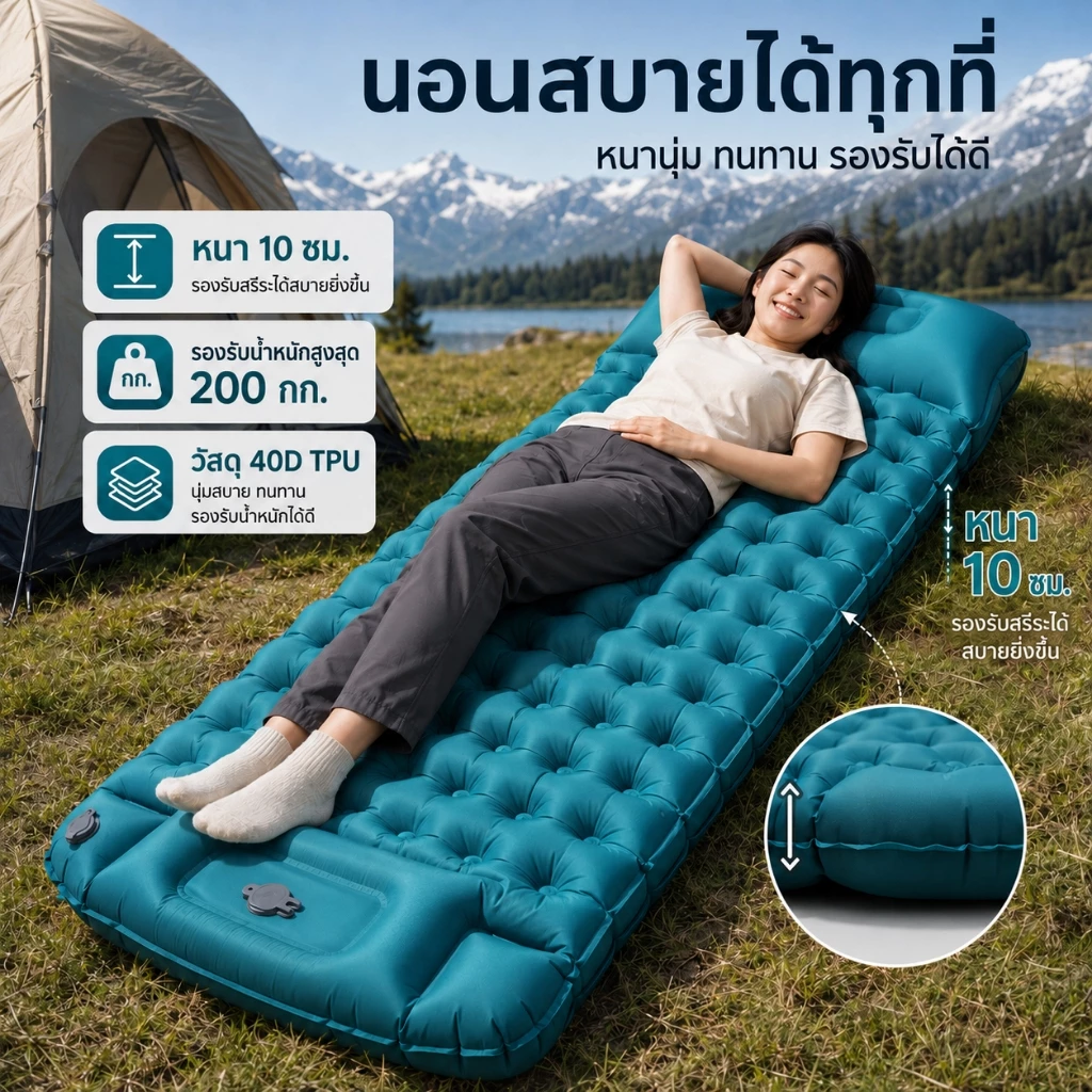 เบาะนอนเป่าลม มีหมอนในตัว ที่นอนลม 195×70×10ซม น้ำหนัก 900 กรัม สำหรับตั้งแคมป์กลางแจ้ง แผ่นรองนอนพกพา นุ่มสบาย พกพาง่าย