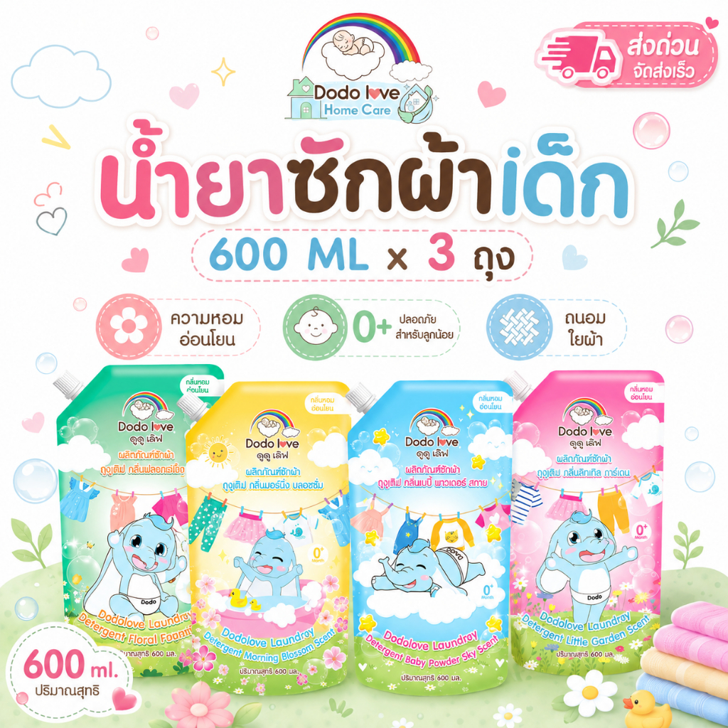 ส่งด่วน [แพ็ค 3] DODOLOVE Home Care น้ำยาซักผ้าเด็ก ถุงเติม 600ml กลิ่นหอมติดทนนาน ซักสะอาด อ่อนโยน ใช้ได้ตั้งแต่ 0+
