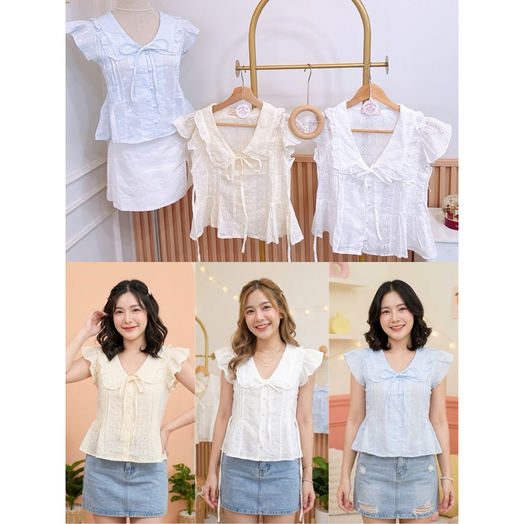 เสื้อคอบัว แขนกุดระบายไหล่ งานฉลุ กระดุมหน้าใช้งานได้จริง✨