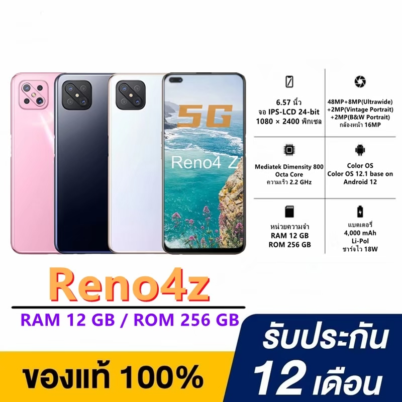 มือถือ Reno4 Z 5G จอ6.57 นิ้ว แรม12 รอม256 GB.แบตเตอรี่ 4000mAh (ฟิล์มกระจกให้ฟรี+ฟรีเคสใส) ประกันร้าน 1 ปี.
