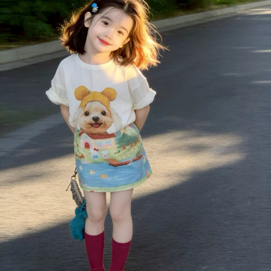 ชุดเซ็ทเสื้อยืดลายหมา กระโปรงลูกสาว  พิมพ์ลาย สีสันสดใส (จ้ำม่ำ มีพุง +1 ไซซ์ นะคะ )